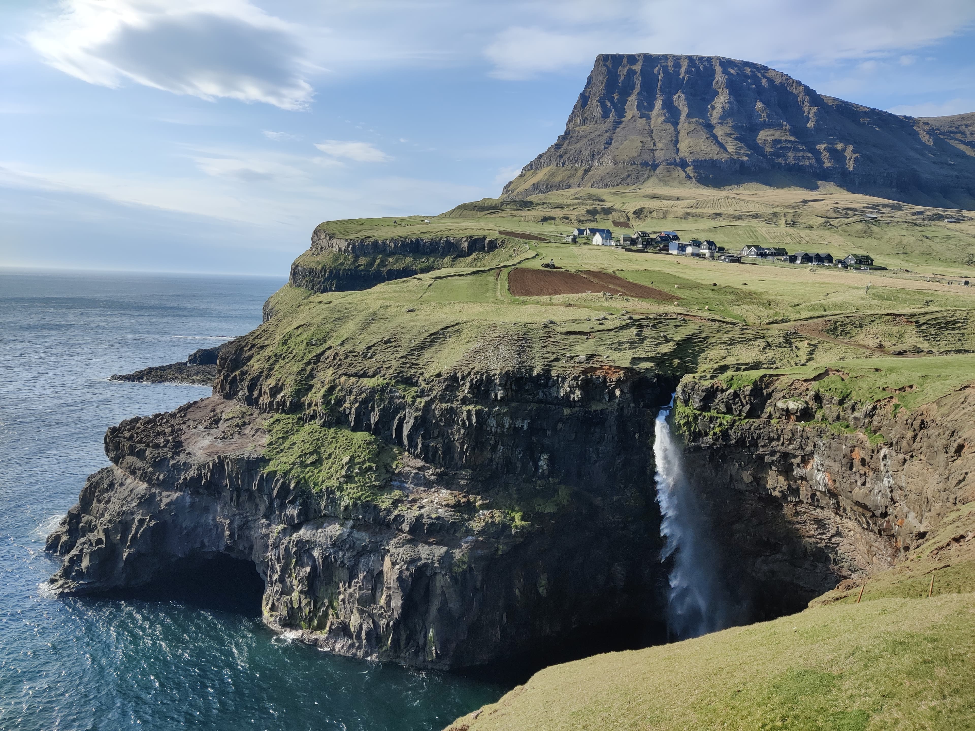 View of Gásadalur village, with the Múlafossur waterfall